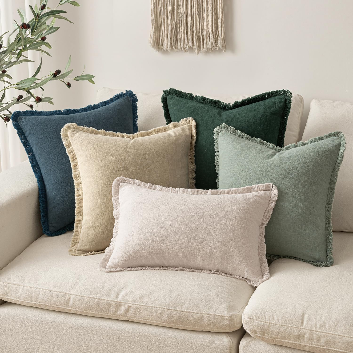 Decorative Throw Pillow Covers Neutral Linen Fringe Throw Pillows Boho / 20 x 20 / Beige / Set of 2