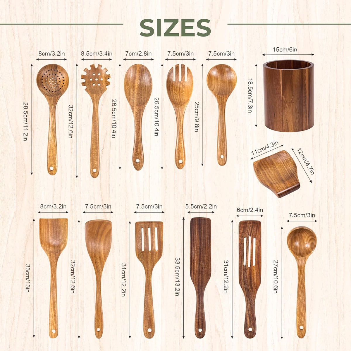 Vasilek Wooden Utensil Set XXl – 13 Piece Acacia Wood Cooking Tools with Round Holder for Nonstick Cookware with Holder