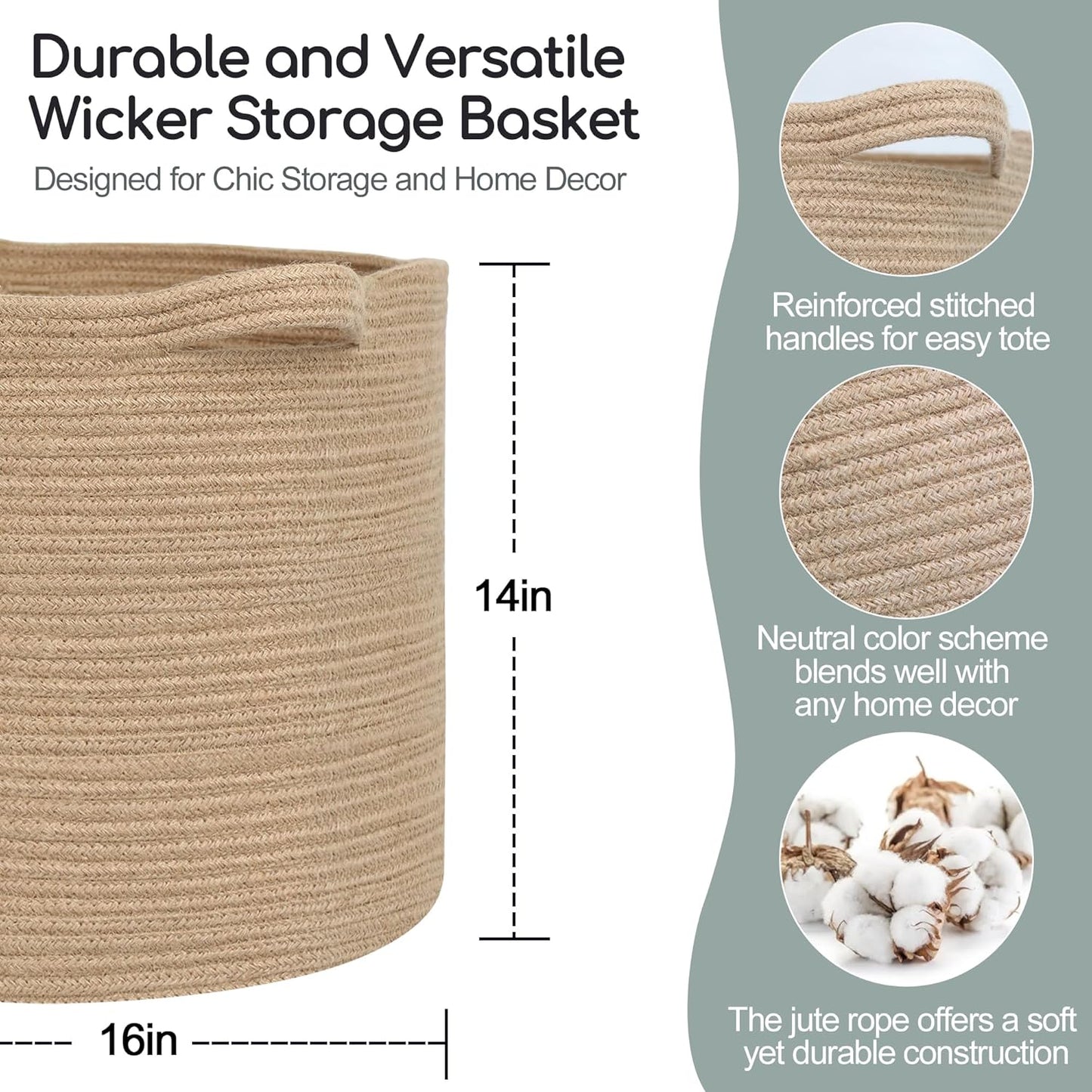 Woven Basket / Large Wicker Storage Basket / Jute / 16 x 14