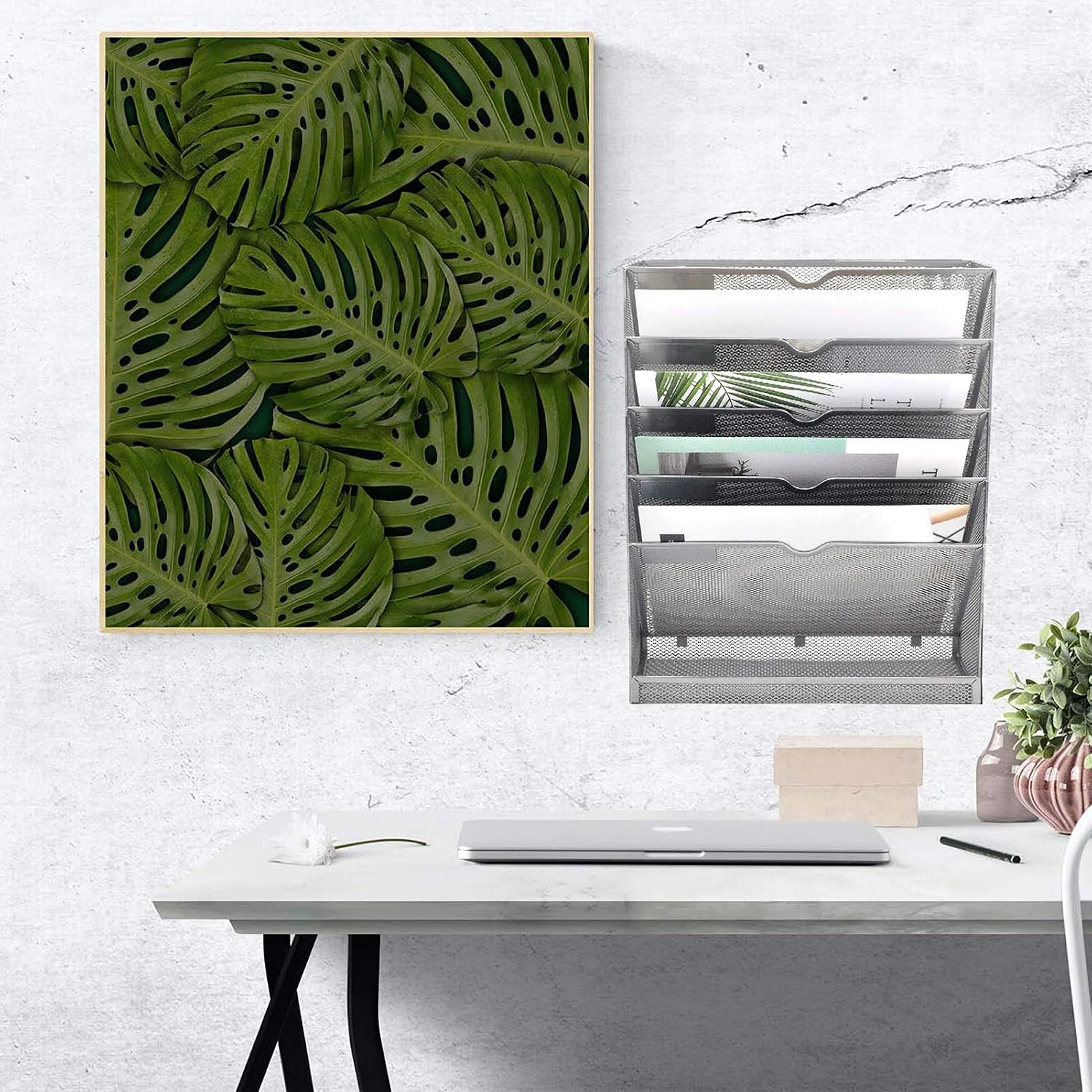 Mesh Wall File Organizer 6 Tier Vertical Mount Hanging Holder Magazine Rack with Bottom Flat Tray, Sides Closed, Silver