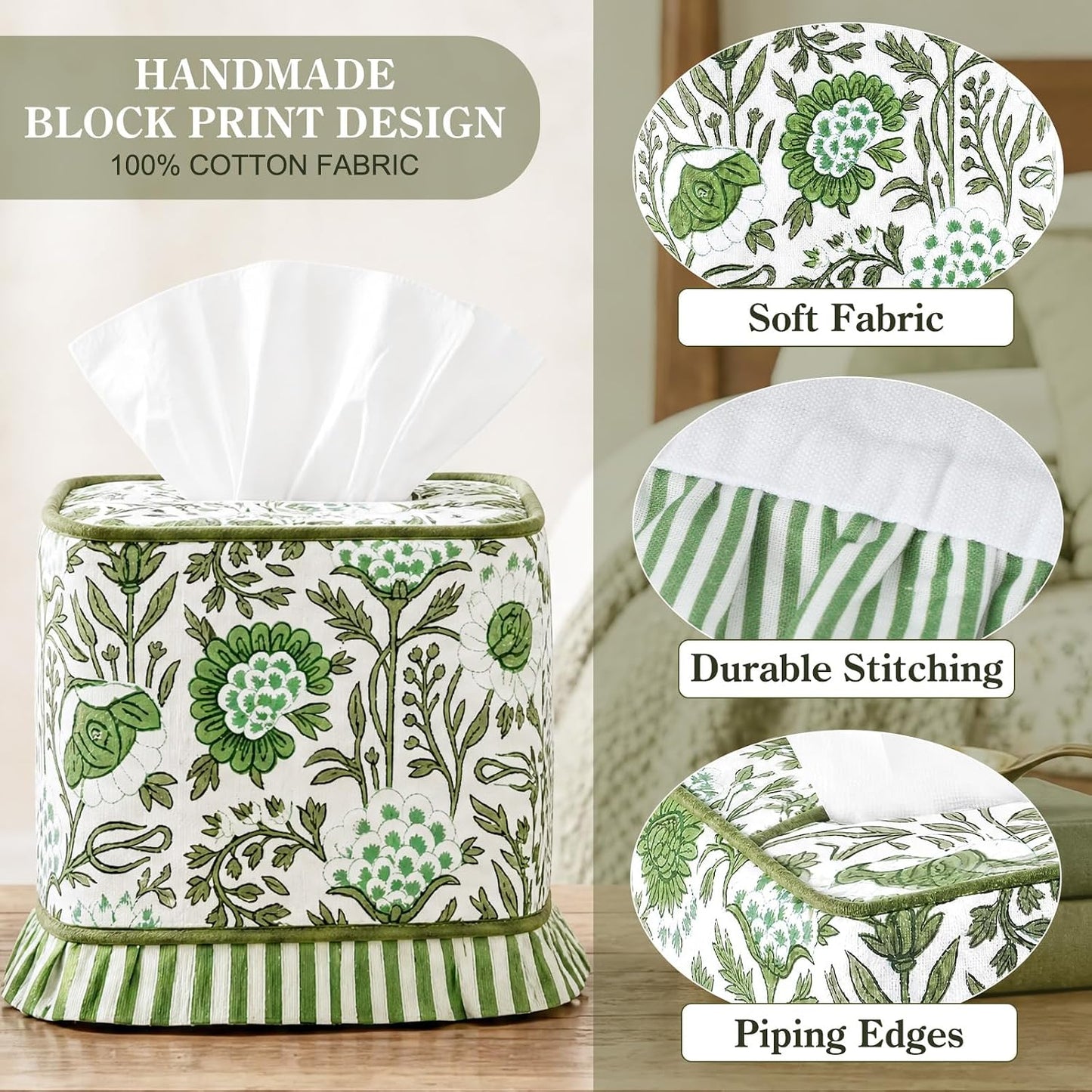 Agate Hand Block Printed Cotton Tissue Box Cover Decorative Square Boho / Floral Ruffle / Green