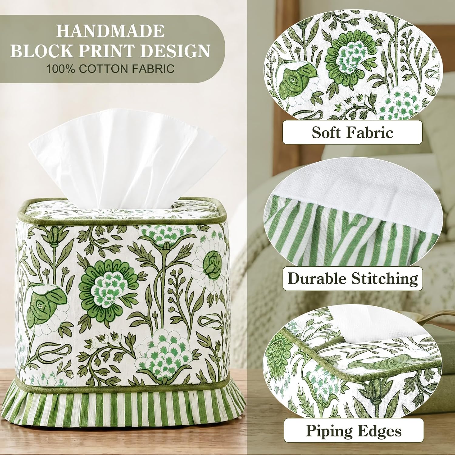 Agate Hand Block Printed Cotton Tissue Box Cover Decorative Square Boho / Floral Ruffle / Green