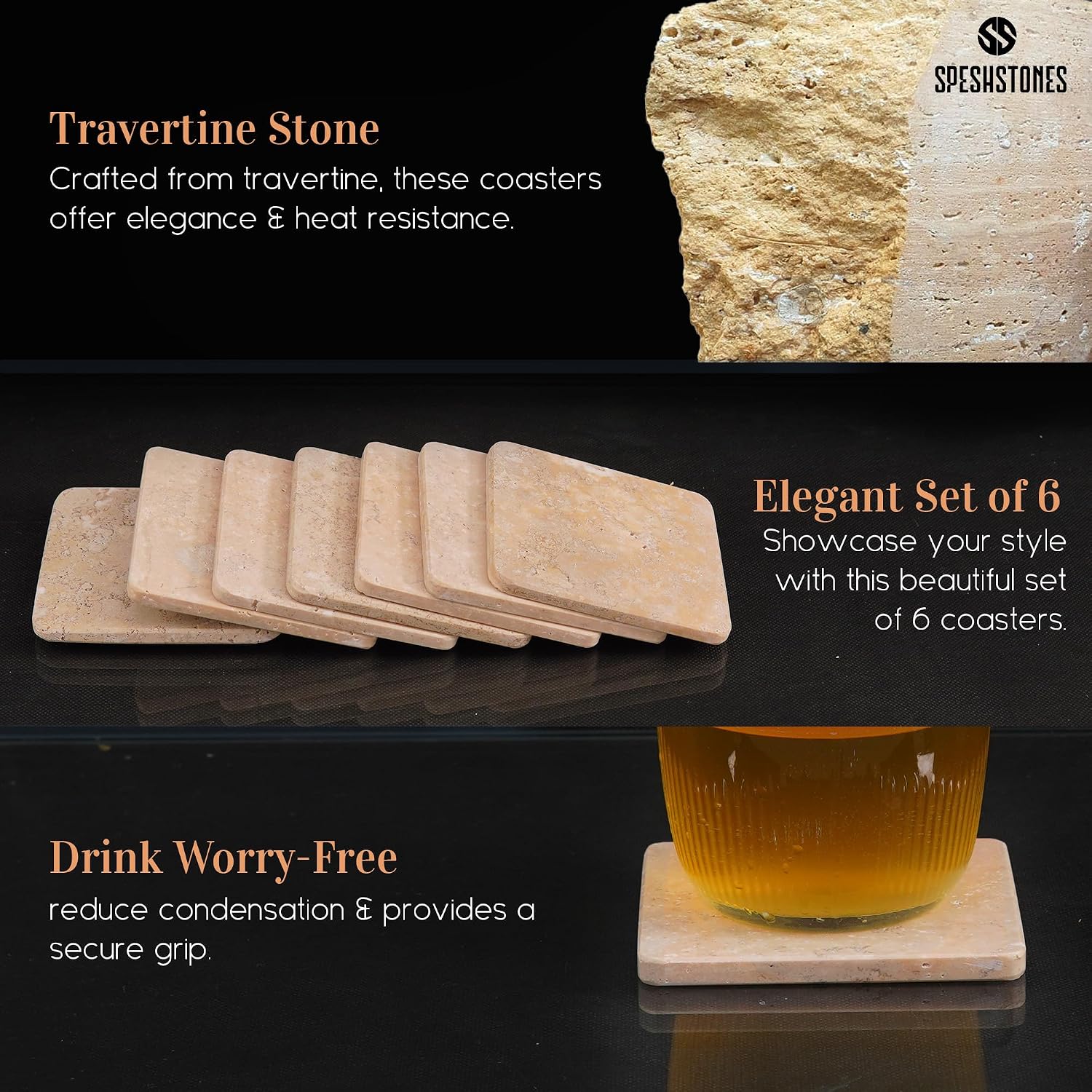 Holder / Stone Drink Coasters / Travertine Coasters with Holder / 3.5 Inch / Set of 6