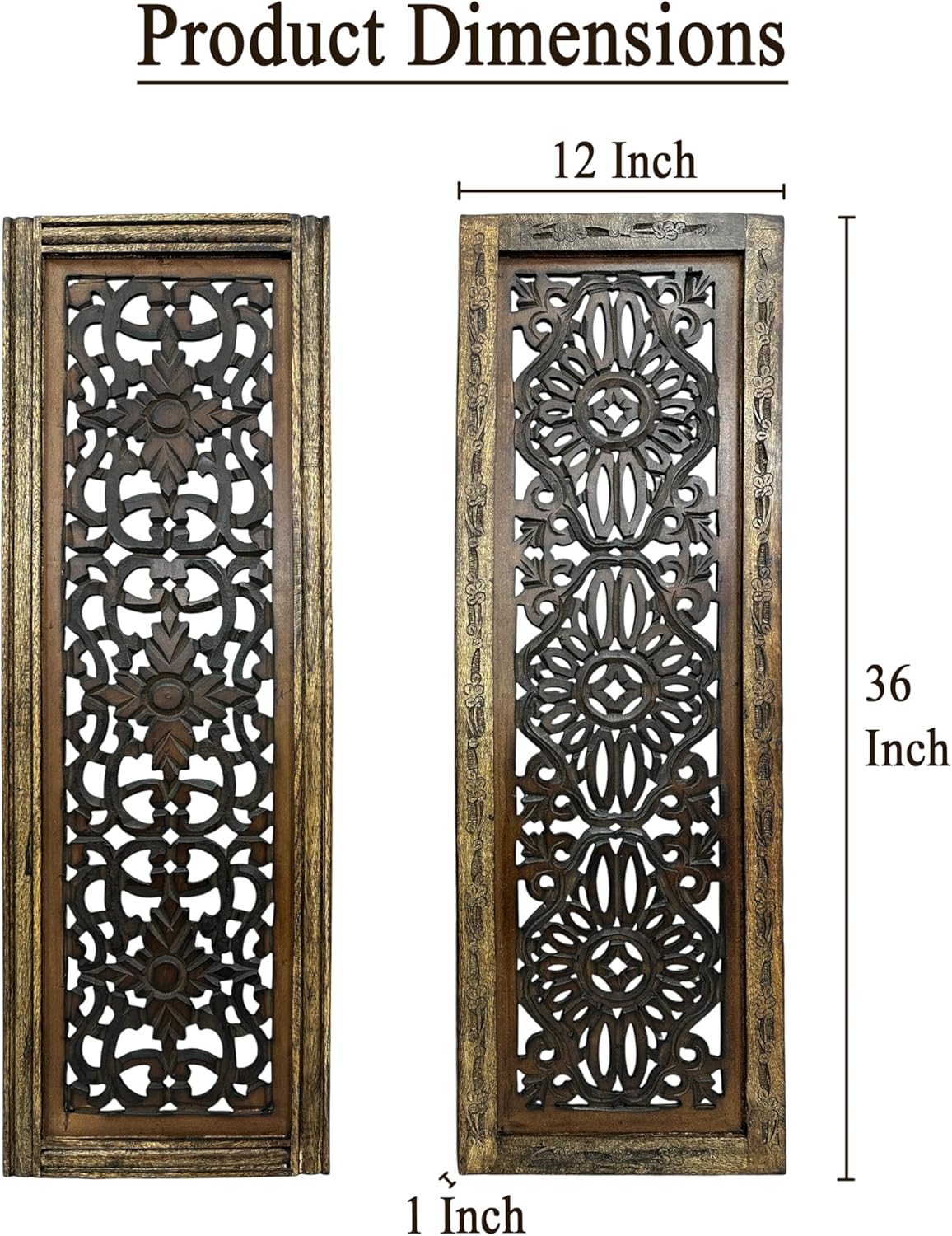 Floral Hand Carved Wooden Wall Panels / Rustic Brown / Set of 2