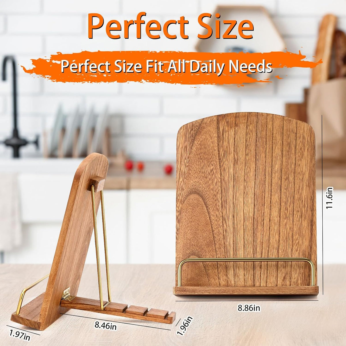 Cookbook Stand for Kitchen Counter Decor - Adjustable Cookbook Holder | 9"L×11"H Wooden Cook Book Stand, Recipe Book