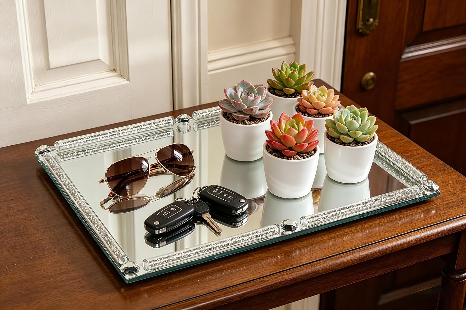 Crushed Diamond Filled Glass Vanity Tray / Silver / 15.7 x 11.8 x 1.4