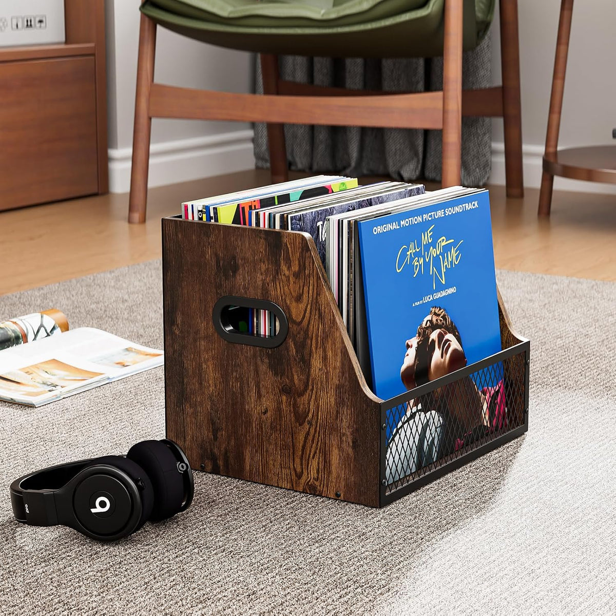 Vinyl Record Storage,Wooden Crate ‌Vinyl Holder with Dividers for Albums & Magazine Rack Organizer for 60+ Records Case