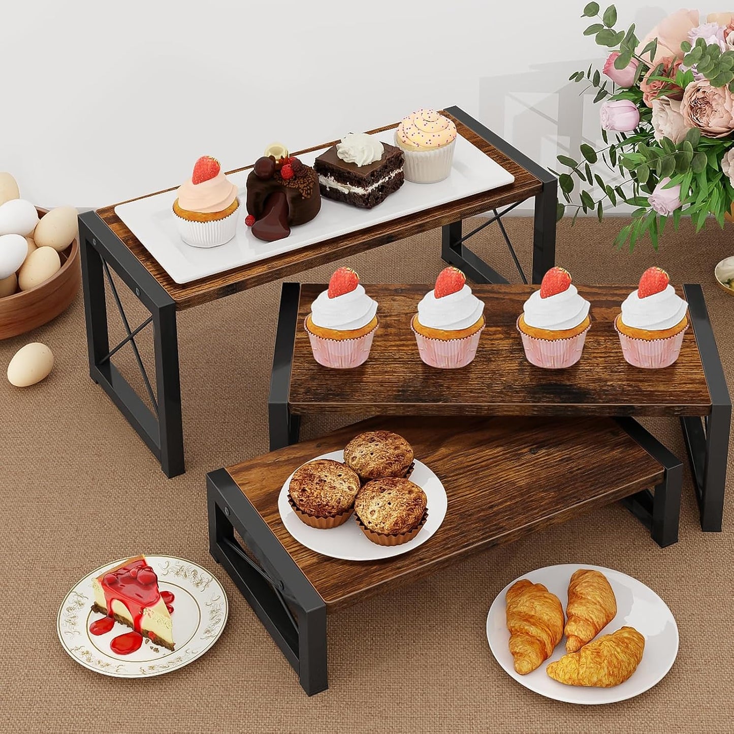 ELITEROO 3 Tier Cupcake Stand & Wood Display Risers, Dessert Stands for Cup Cake or Food, Riser Display Stand for