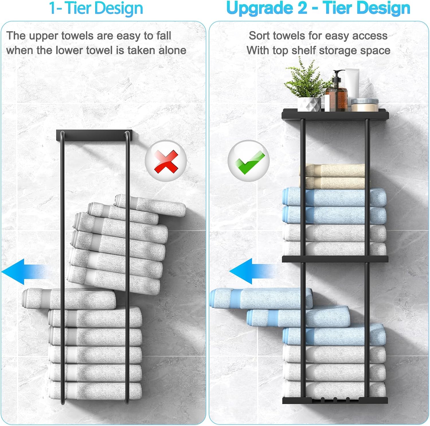 Towel Rack for Bathroom, Wall Mounted Vertical Rolled Towel Storage Organizer Holder with Shelf, Holds Up 6 Large Bath