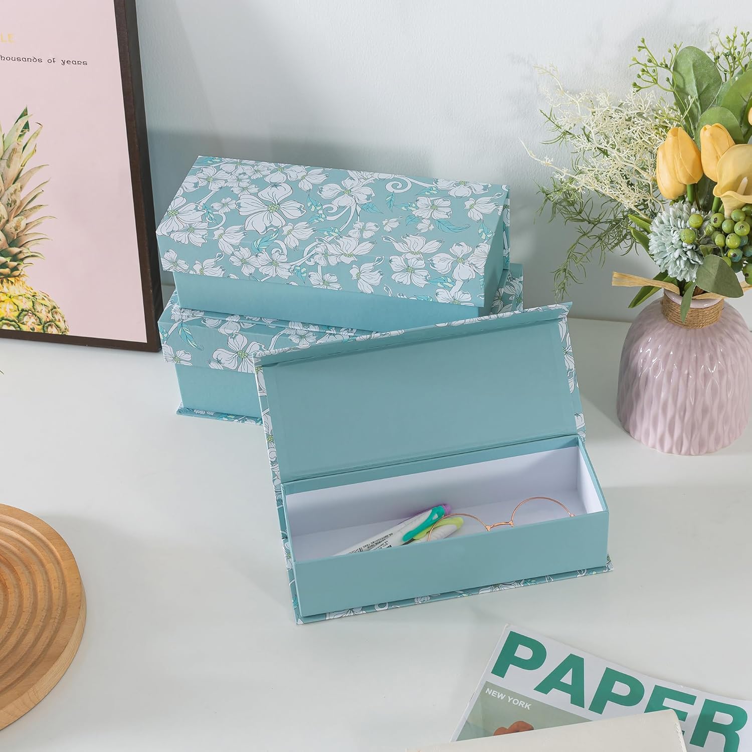 Cardboard Boxes / Decorative Storage Boxes / Blue Botanical / Set of 3