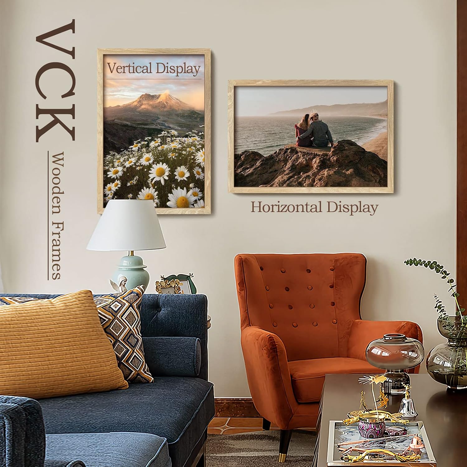 VCK 20x30 Poster Frame Set of 3, Natural Solid Wood, Wall Hanging | Wide Border, Light Woodgrain, Shatterproof