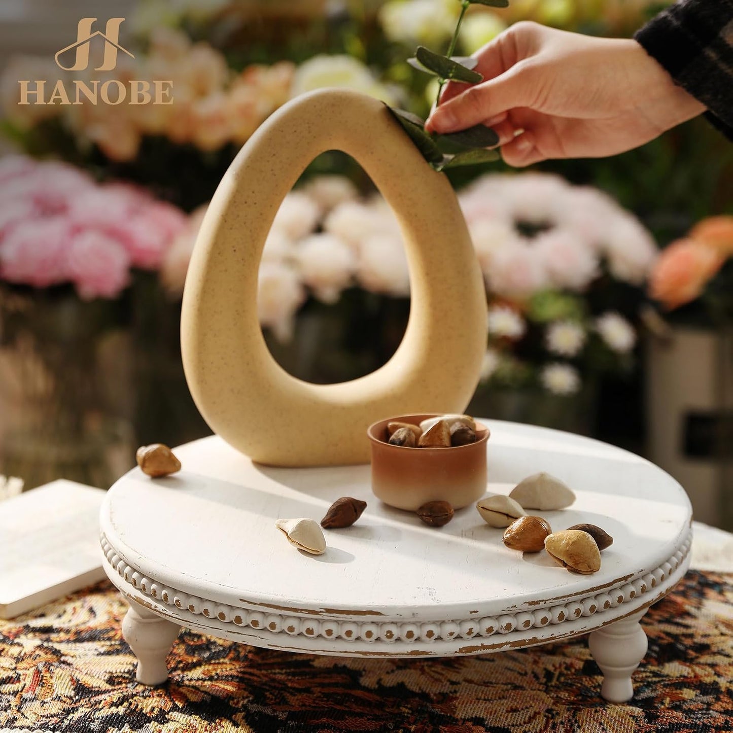 Beaded Wood Pedestal Risers Farmhouse Circle Display Holder / White