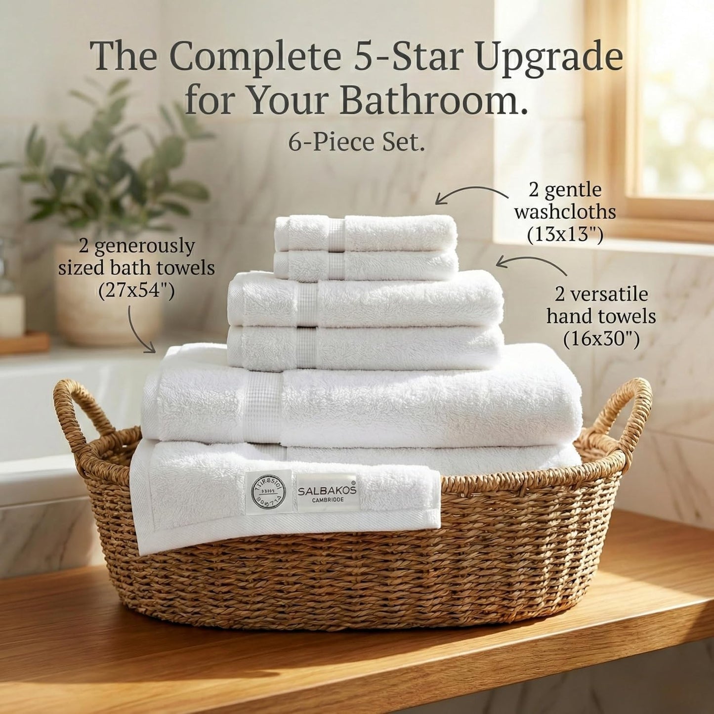 SALBAKOS 100% Turkish Cotton Bathroom Towel Set of 6-Piece, White | 630 Gsm Thick Super Soft Highly Absorbent 2 Bath +