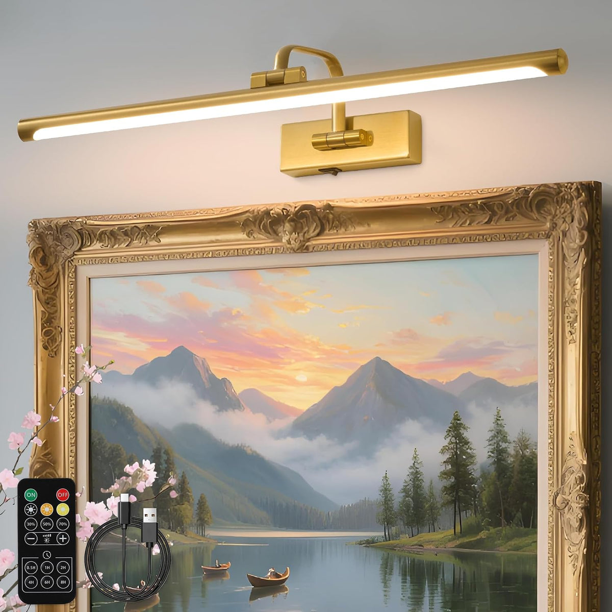 Picture Lights for Wall Battery Operated, Rechargeable Light for Pictures with Remote & Timer, Gold Art Light for