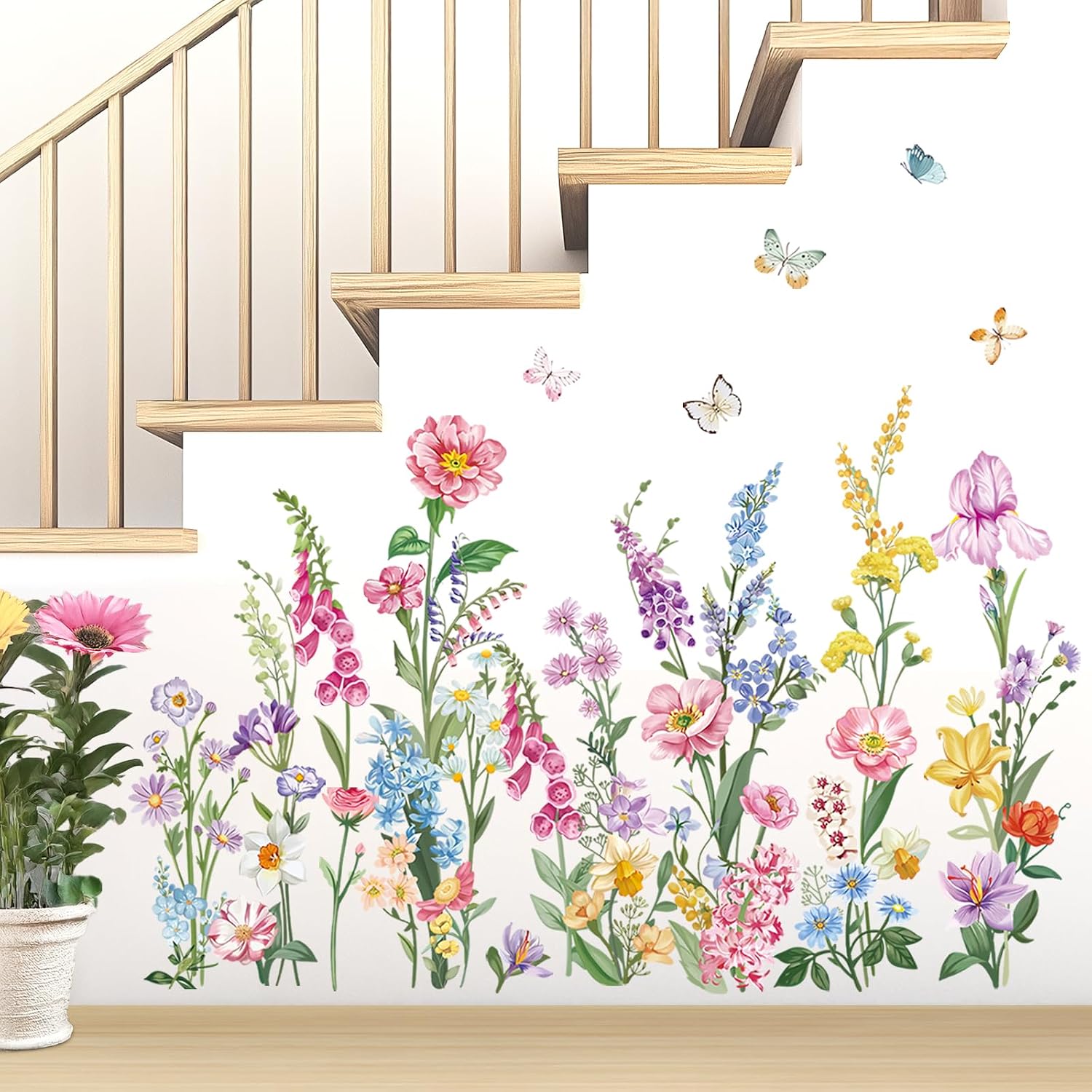 Garden Flower Wall Stickers Wildflower Iris Daisy Floral Butterflies Peel and Stick Wall Art Decals