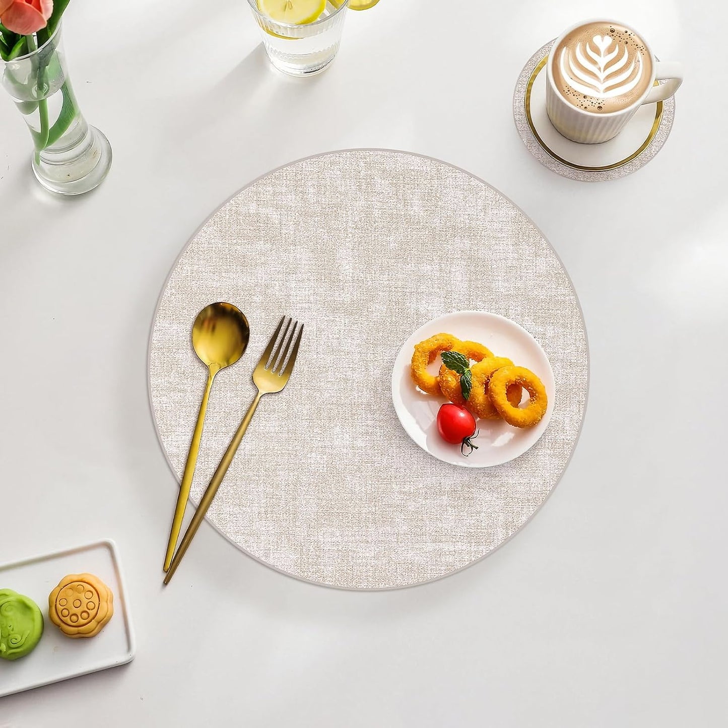 Homaxy Round Faux Leather Placemats and Coasters, Set of 12, Beige | Washable Dual-side Table Mats, Wipeable Place