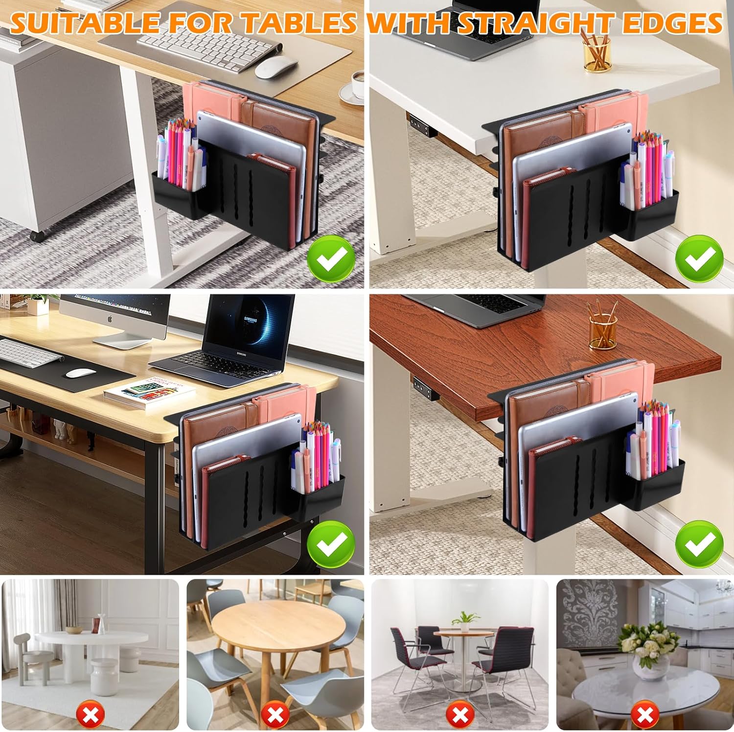 Desk Side Storage, 2 Tier Steel Hanging Organizer, No Drill Side Desk Organizer, Laptop Holder, with Pen Holder, For