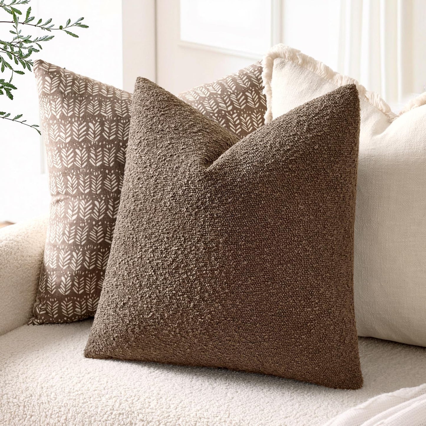 Textured Boucle Throw Pillow Covers Soft Accent Solid Cushion / Dark Coffee / 18 x 18 / Set of 2