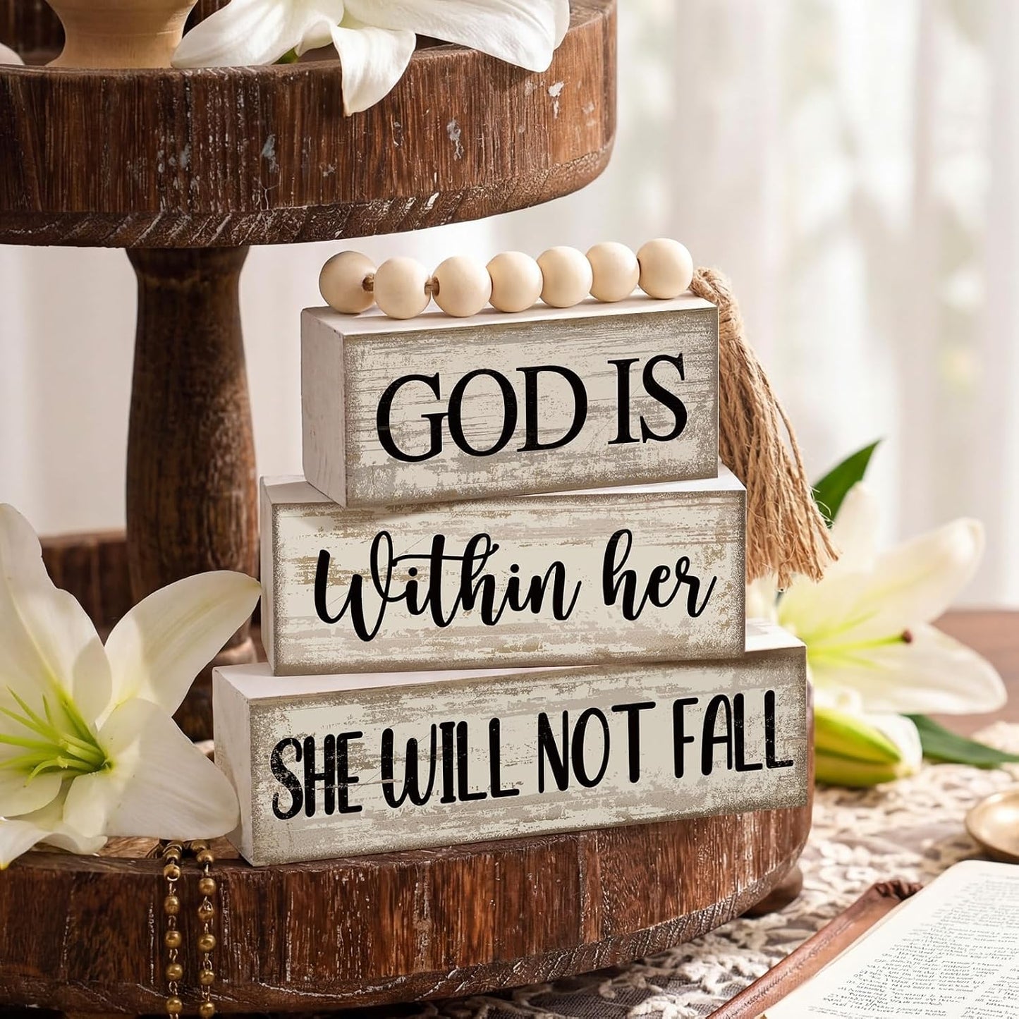 Christian Table Decor Rustic Wooden Block Sign Set / Bead / Set of 4