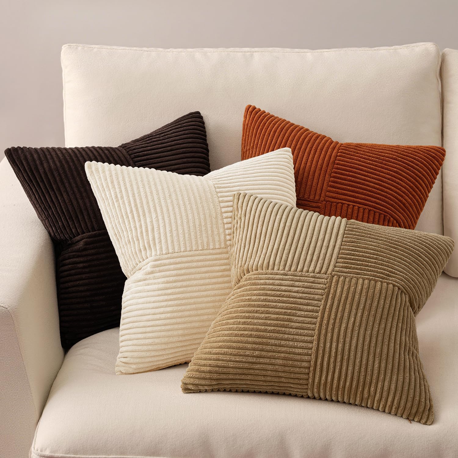 Throw Pillow Covers Boho Farmhouse Cushion Cases for Livingroom / 20 x 20 / Brown Beige / Set of 4
