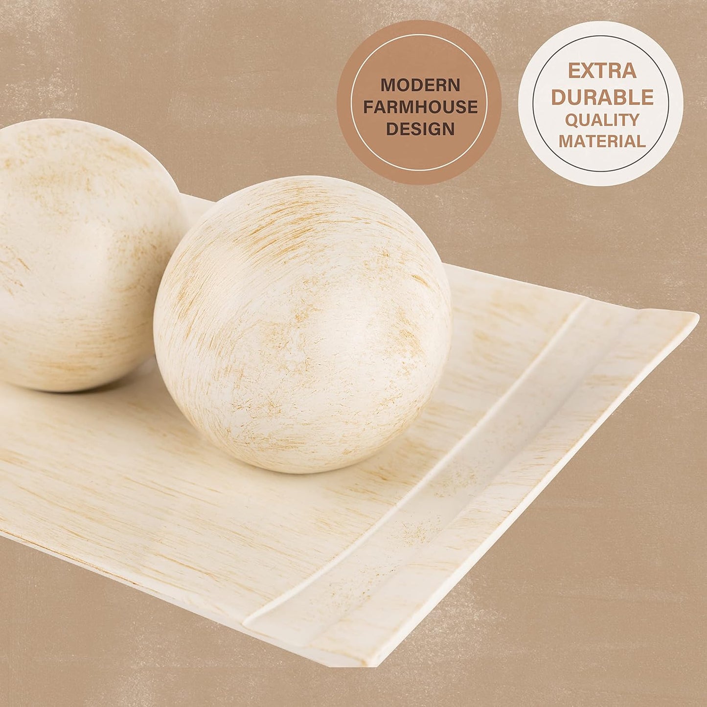 Rustic Luxe Decorative Tray and Orb Set / Distressed White