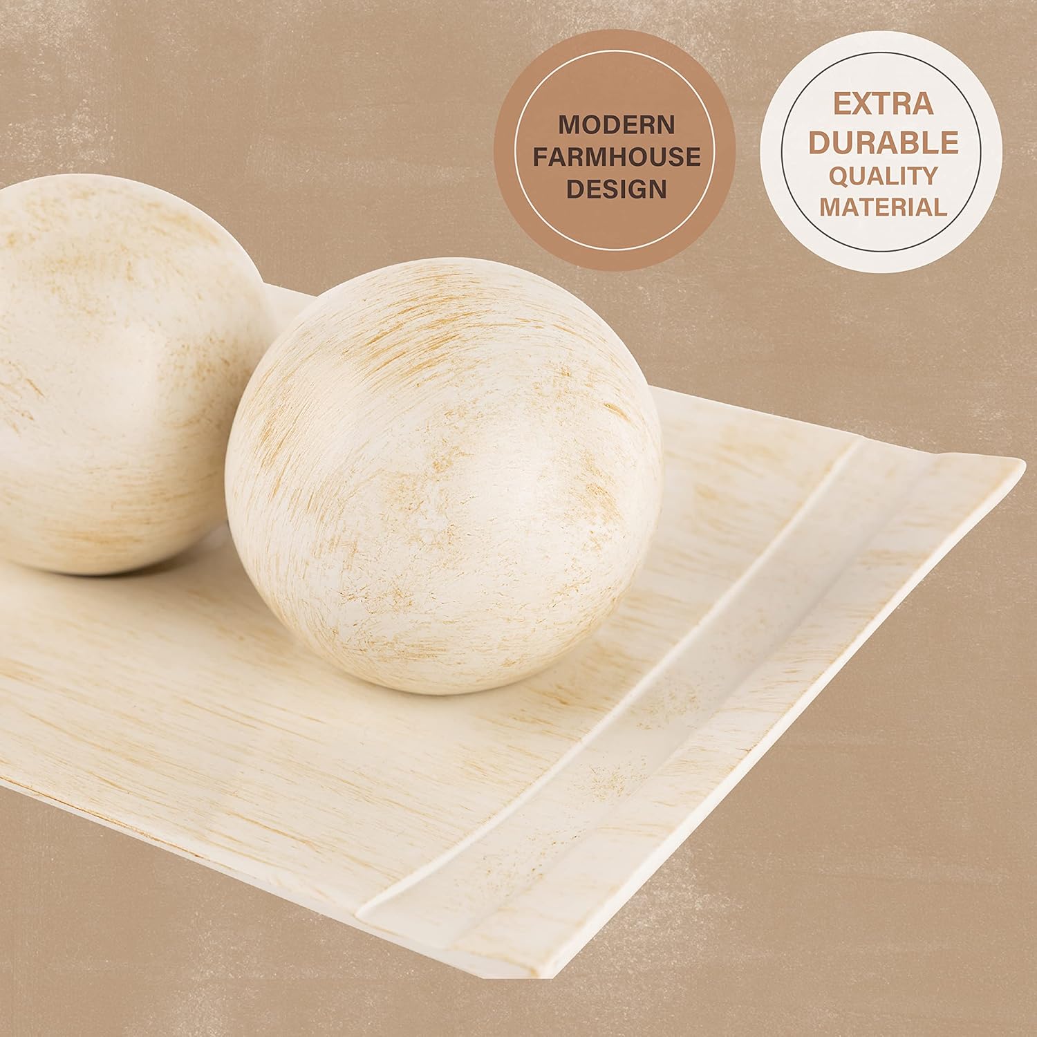 Rustic Luxe Decorative Tray and Orb Set / Distressed White