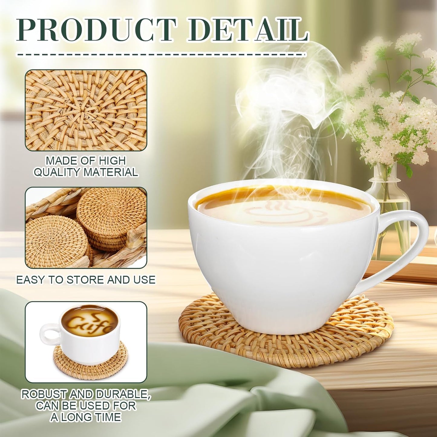 Holder Woven Wicker Boho Coasters Set Heat Resistant Drink Woven / Natural / Set of 12