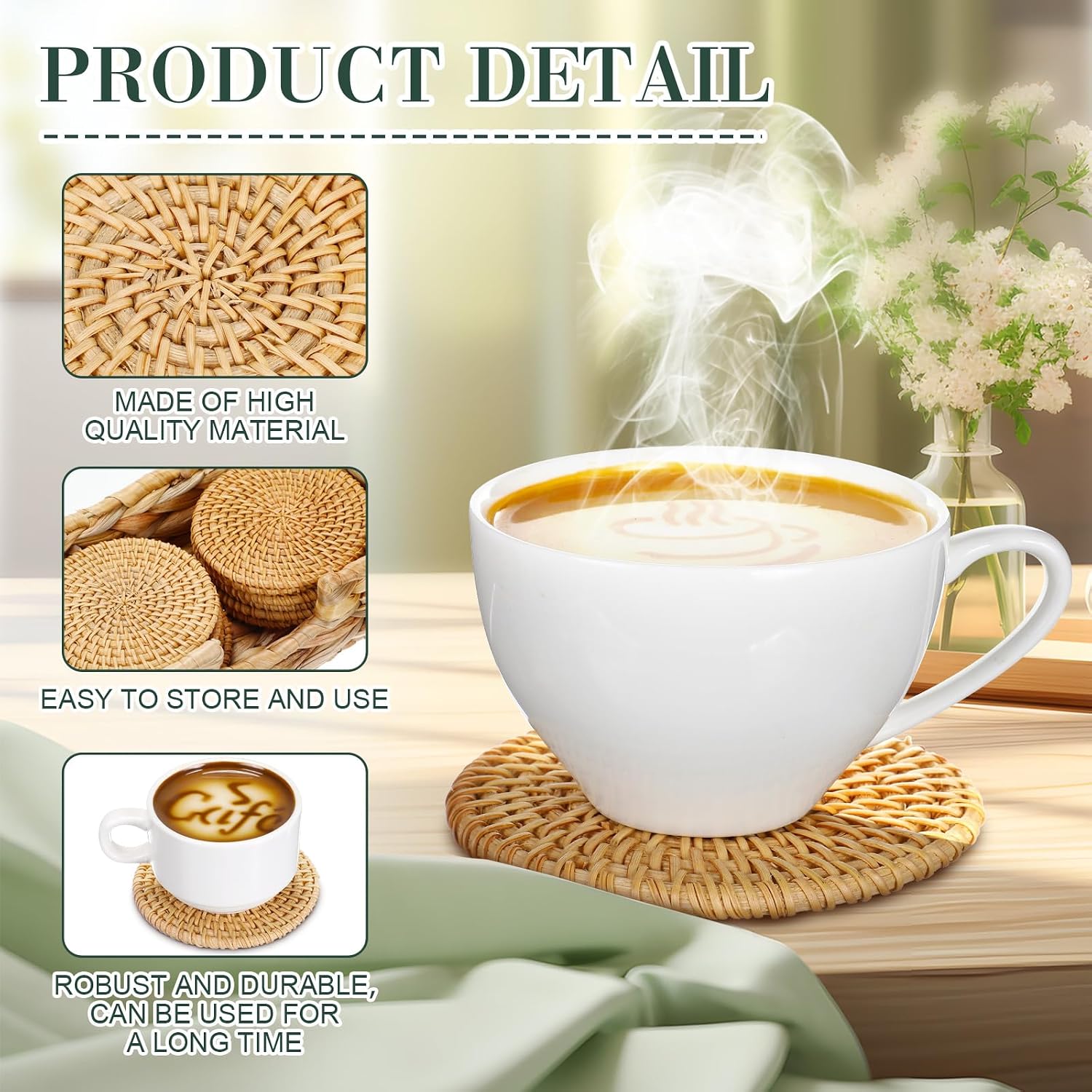 Holder Woven Wicker Boho Coasters Set Heat Resistant Drink Woven / Natural / Set of 12