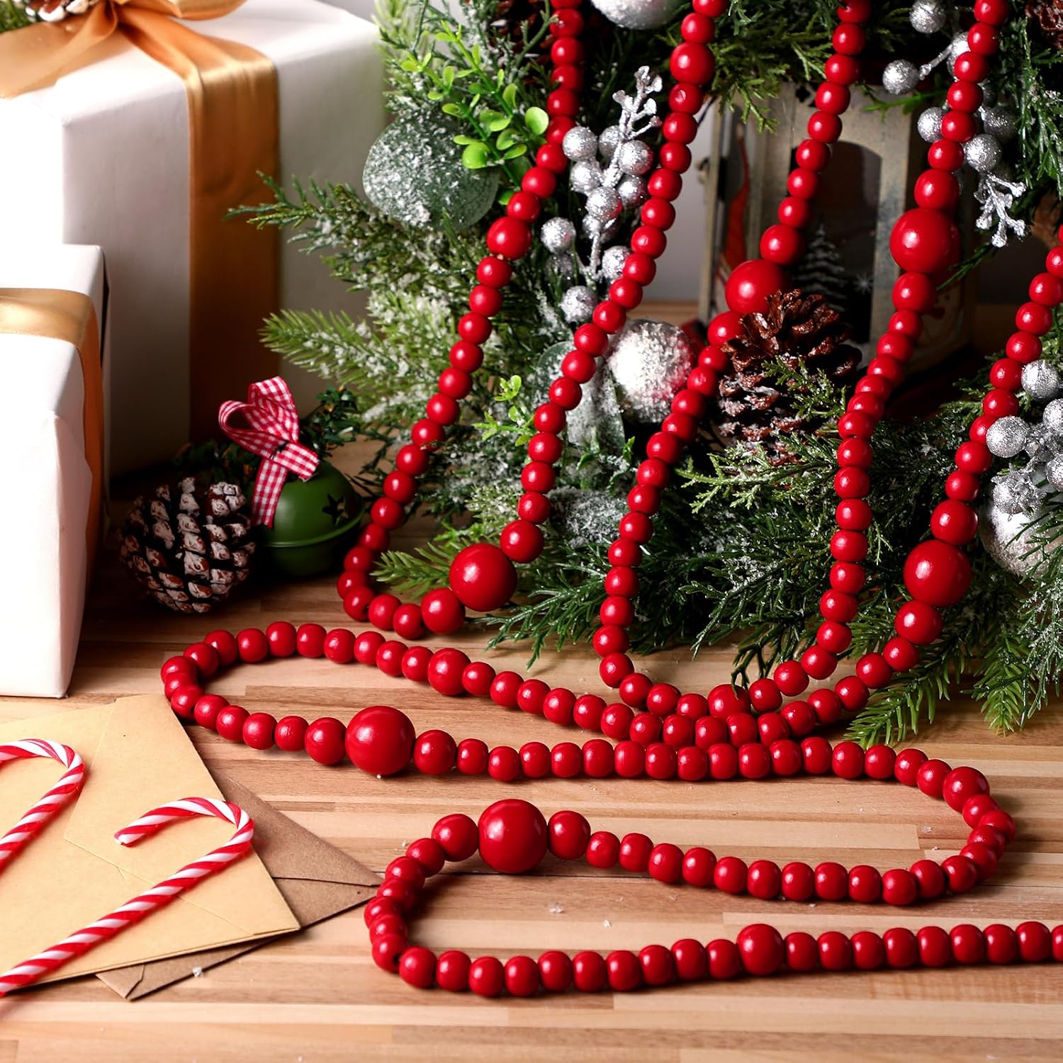8 Pack 9 ft Rustic Christmas Wood Bead Garland for Xmas Tree Mantel Fireplace Stairs Coffee Table Decor Farmhouse