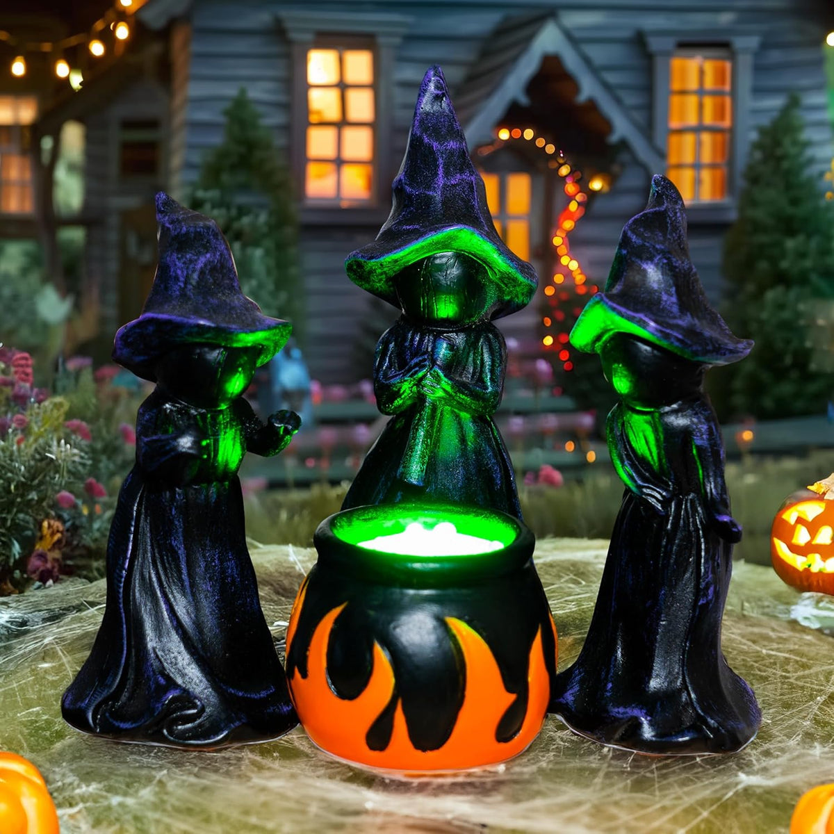 NEROSUN 4 PCS Halloween Miniature Witches Cauldron Figurine Table Decoration, Resin Scary Witches Lighted up Cauldron, Halloween Festival Supplies Indoor Outdoor Shelf Fireplace Home Decor