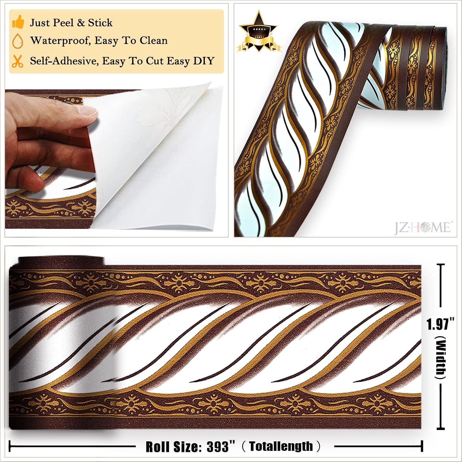 Peel and Stick Wallpaper Border Removable Self Adhesive Abstract Damask / Brown/white / 2 x 393.7