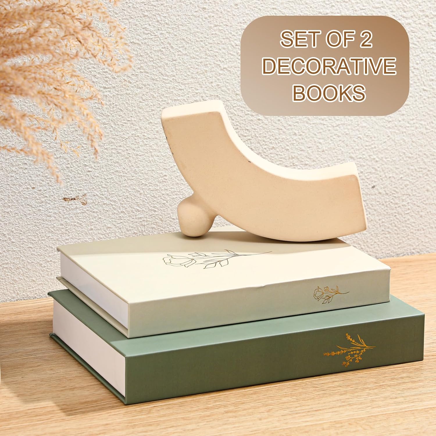 Faux Books Stacked for Decoration / Sage Green,beige / Set of 2