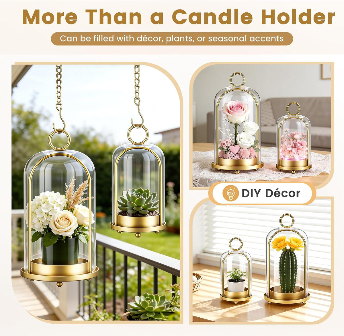 Metal Candle Holder, 5"&4" Wide Hurricane Glass Candle Holders with Handmade Glass Dome, Hanging Brass Candle Lantern