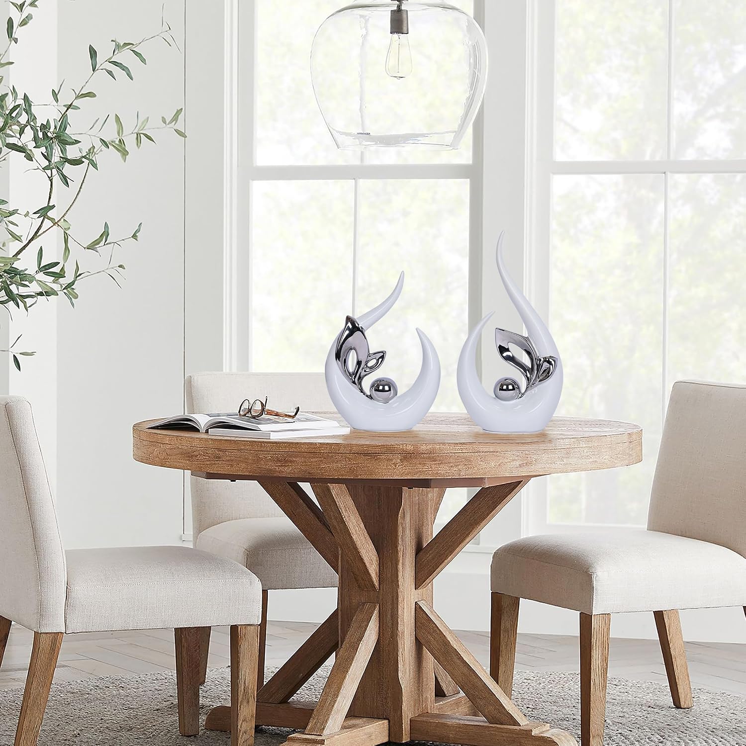 White Decor Accent Ceramic Statue Mid Century Modern Home Decor Accents / White Silver / Set of 2