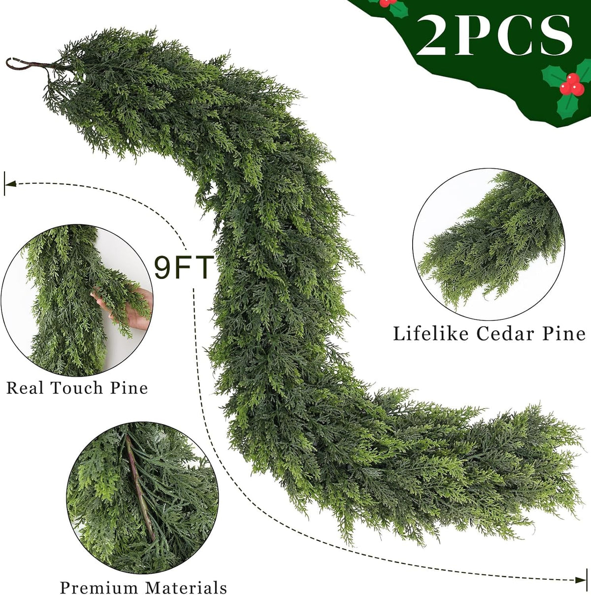 2PCS 9FT Lifelike Touch Artificial Cedar Garland for Mantle Christmas Decor | Thick and Lush, Realistic Fake Cedar Pine