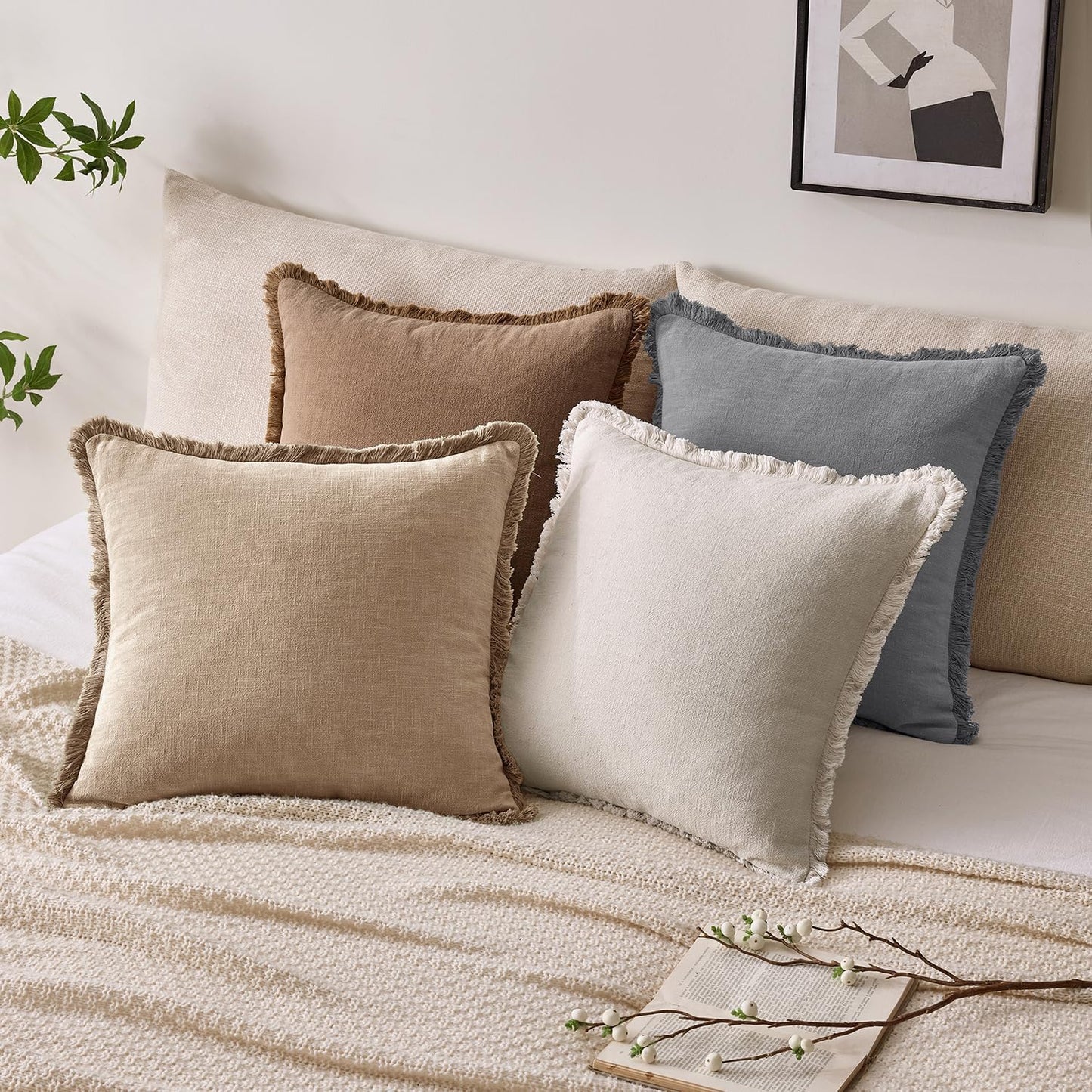 Decorative Linen Fringe Throw Pillow Covers Boho Accent Farmhouse / 20 x 20 / Camel / Set of 2