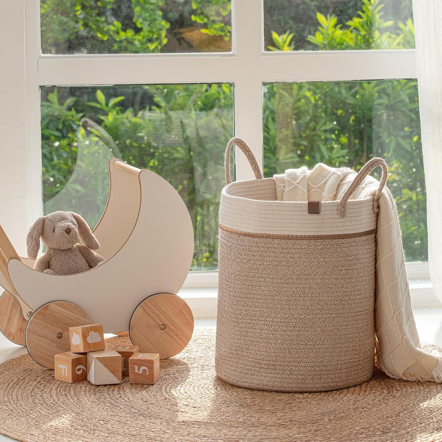 Woven Basket Rope Storage Baskets / White & Desert / M / 16 x 14 x 14