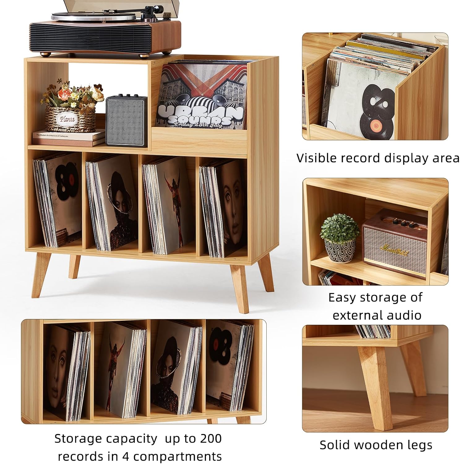 Large Record Player Stand Holds Up to 300 Albums | Natural Wood Turntable Stand, Vinyl Holder with Display Area, Record