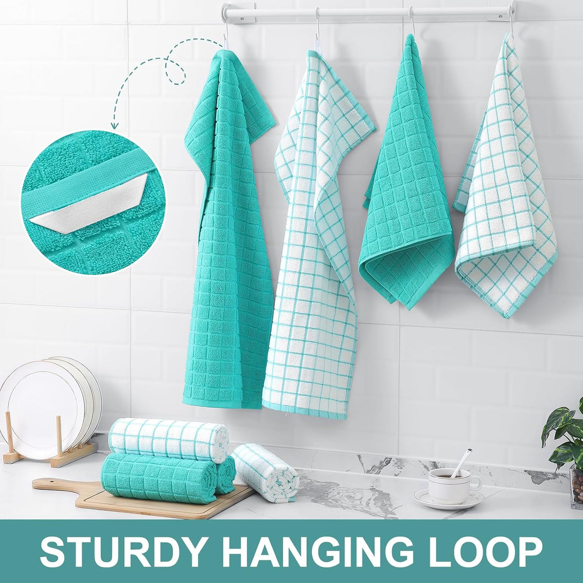 Homaxy Large Premium Cotton Kitchen Towels 16"x 28", 8 Pack, Aqua | Natural Ring Spun 390 GSM Dish Towels, Super