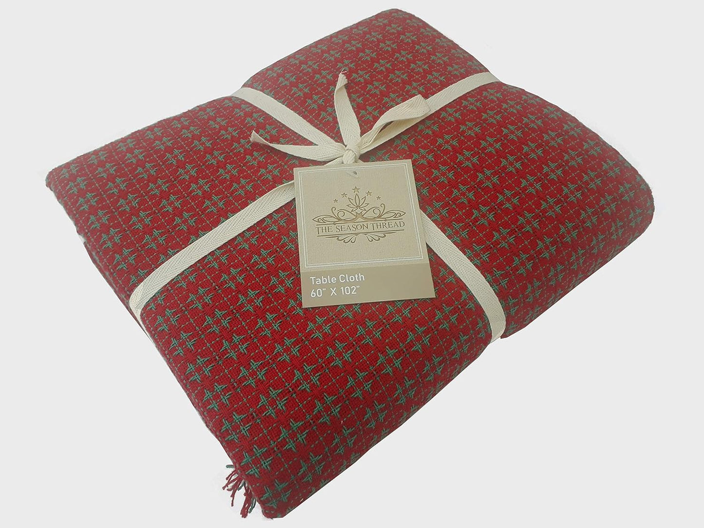 Table Cloth, Christmas Red & Green Woven Fringed, 100% Cotton Table Cover, Size 60x102 Inch, Suitable for Formal