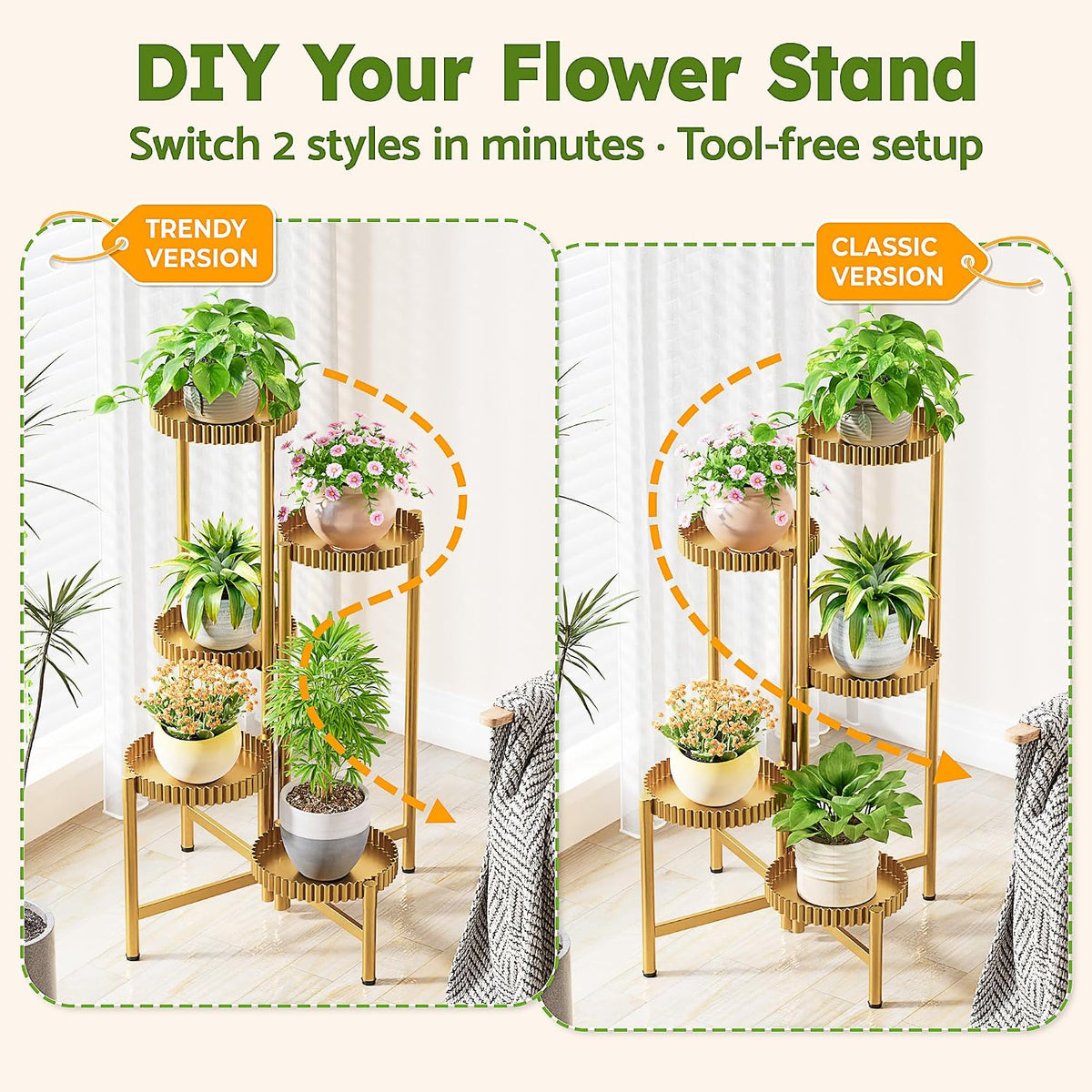 5 Tier Large Plant Stand Indoor, 7.9 Inch Wide Tall Corner Metal Plant Stands Outdoor for Multiple Plants, Foldable