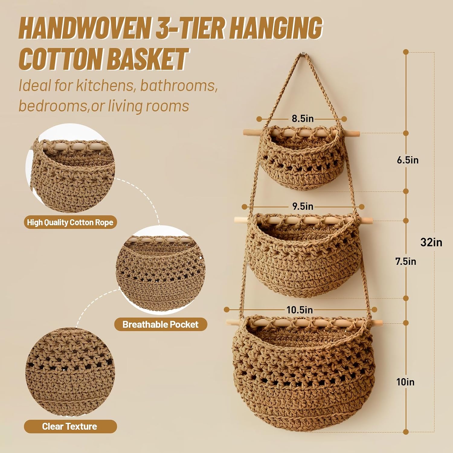 3 Tier Cotton Woven Wall Basket / Beige / 32 Inch