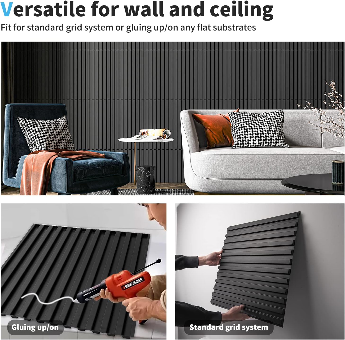 Slat Wall Panel / 19.7 x 19.7 / Square - Black / Set of 12