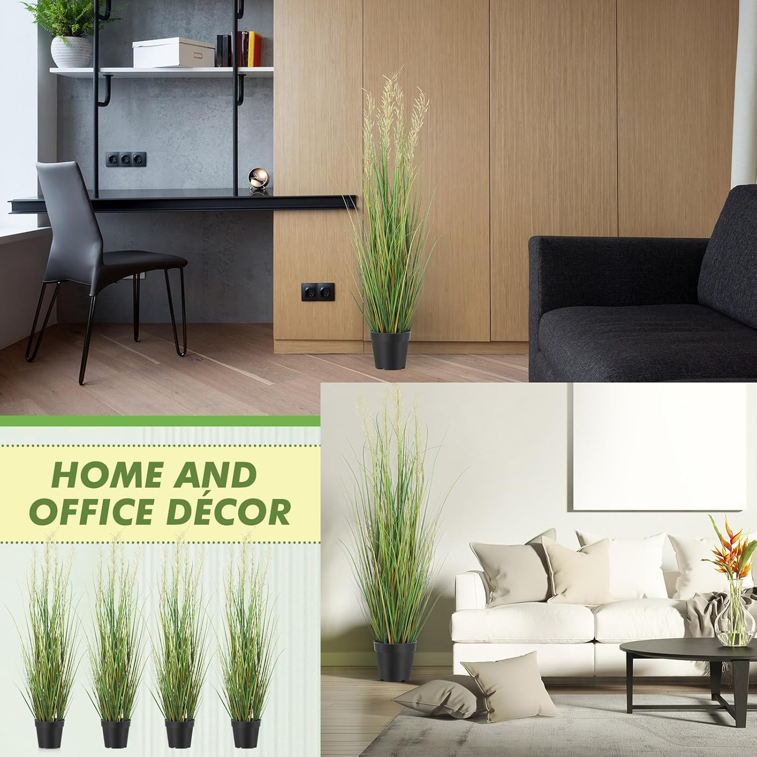 Tall Artificial Grass Plant Potted Artificial Greenery Floor Plants Faux Pampas / 4 Ft / Set of 4