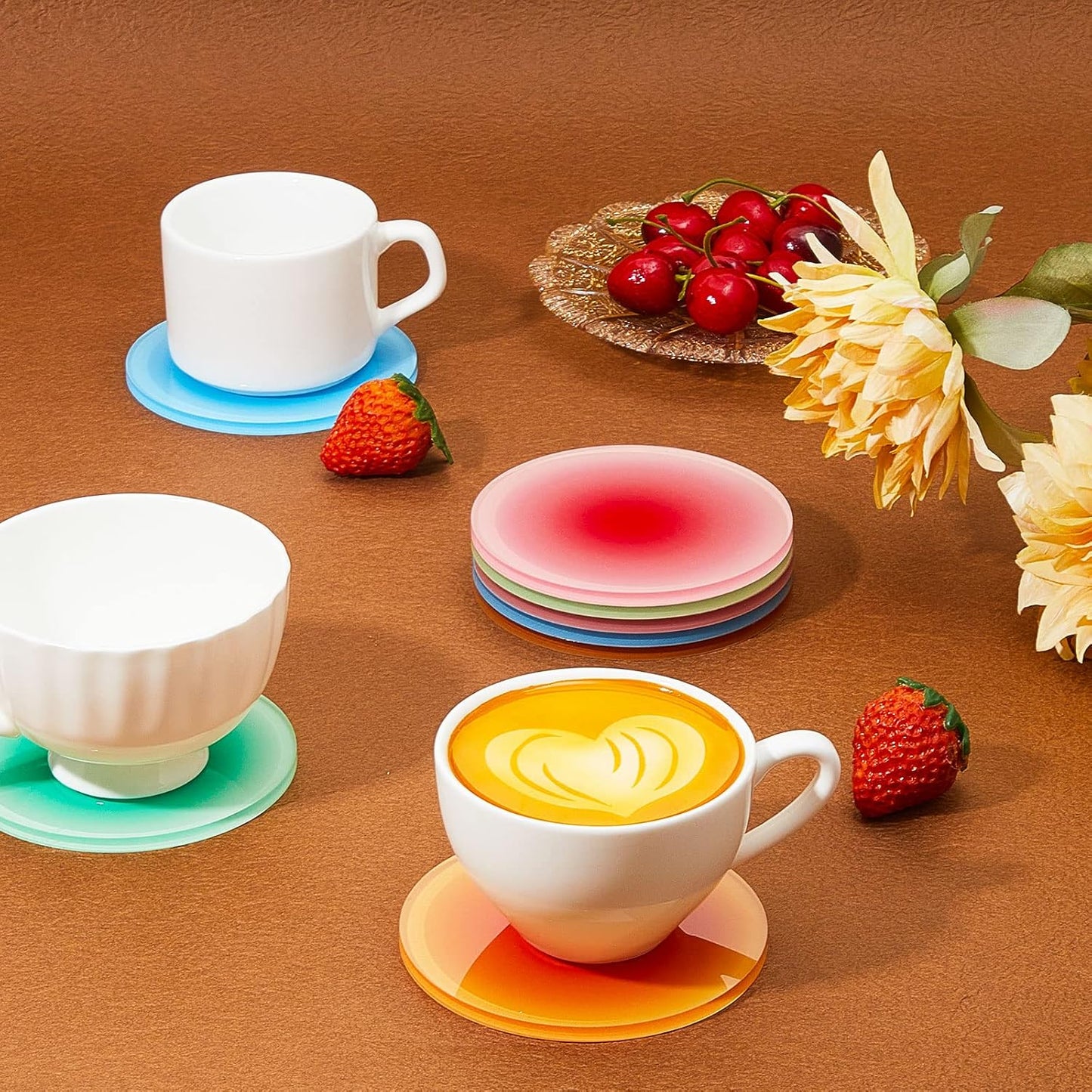 Colorful Acrylic Coaster Coasters Round Heat / Red, Orange, Blue, Green / 3.9 Inch / Set of 8