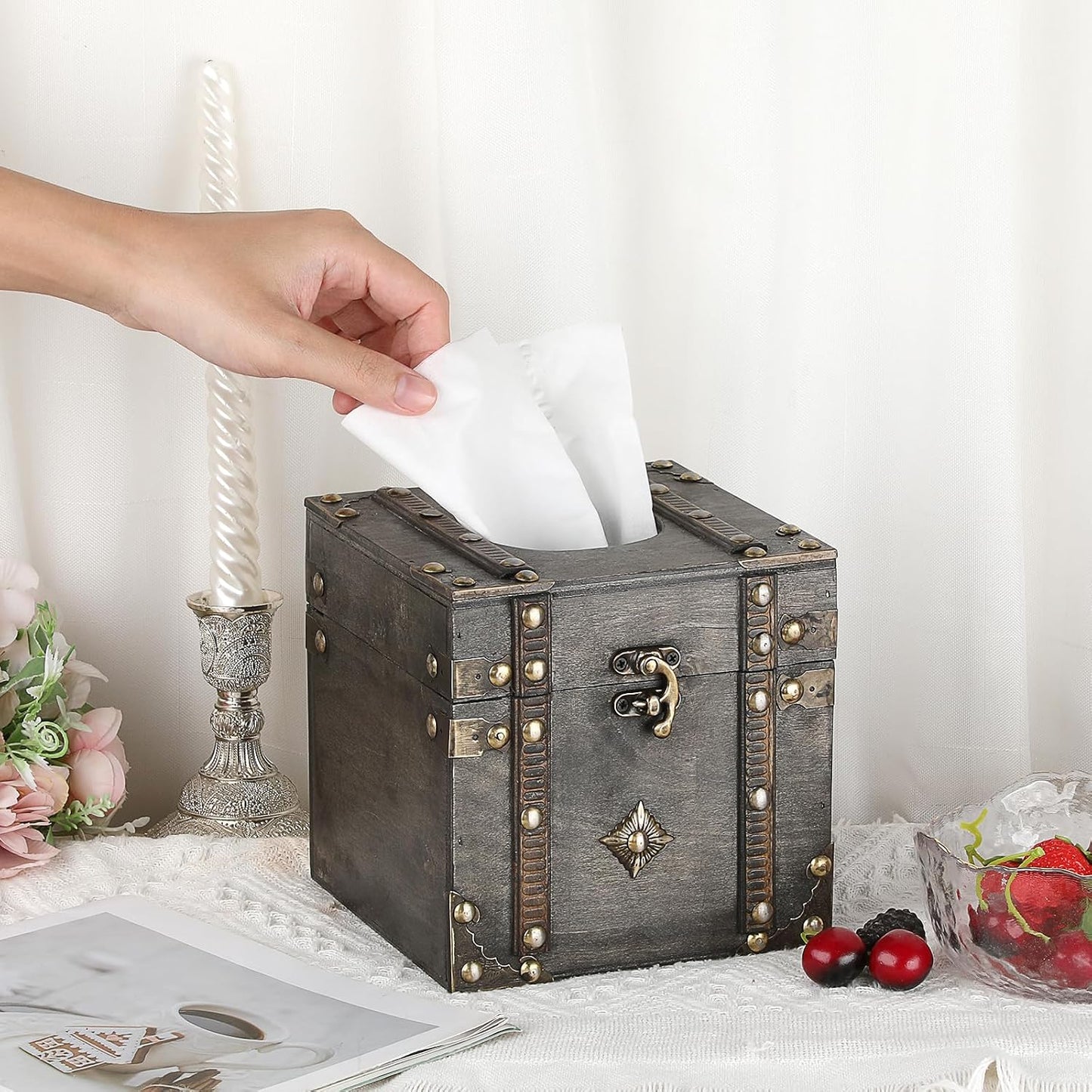 Tissue Box Retro Wood Square Tissue Box Cover Vintage Cube Tissue Box Holder / Grey