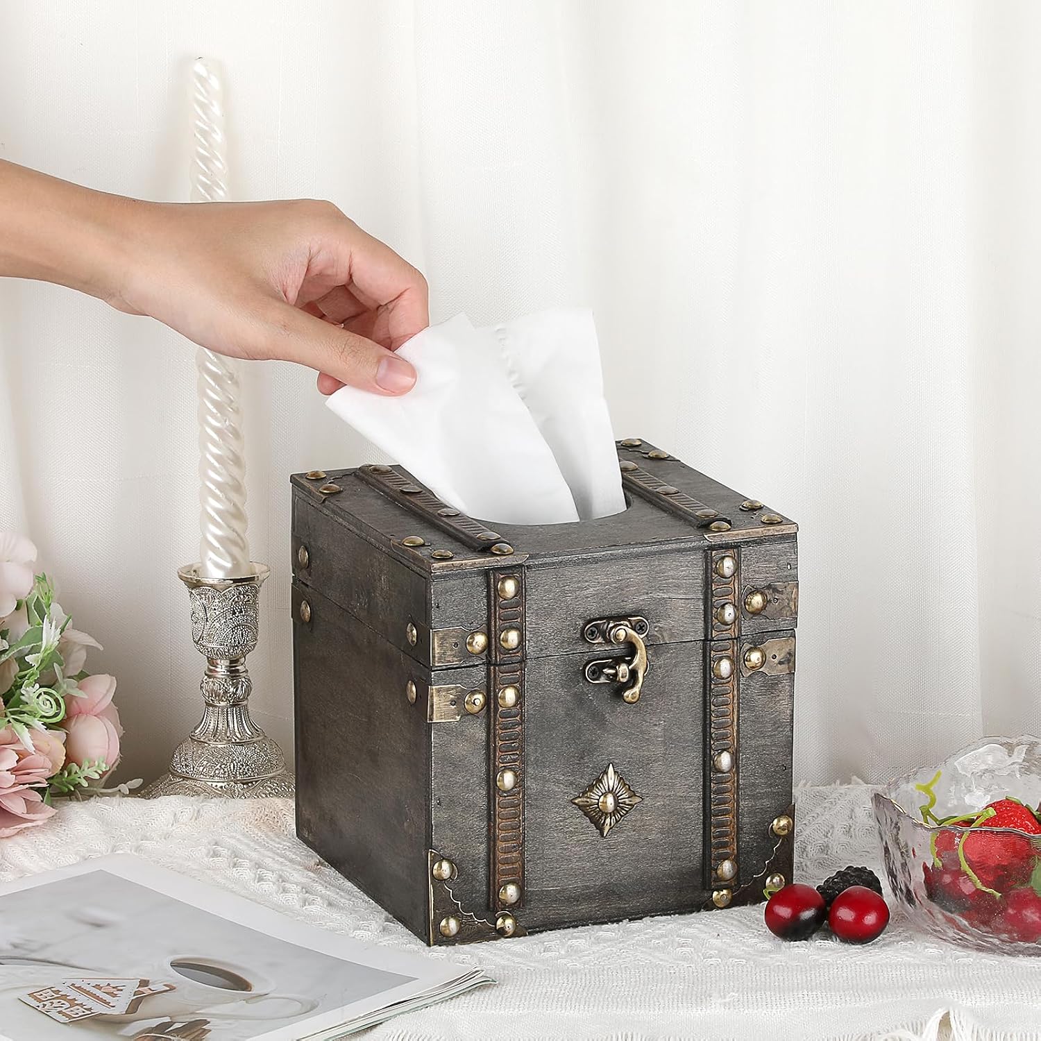 Tissue Box Retro Wood Square Tissue Box Cover Vintage Cube Tissue Box Holder / Grey