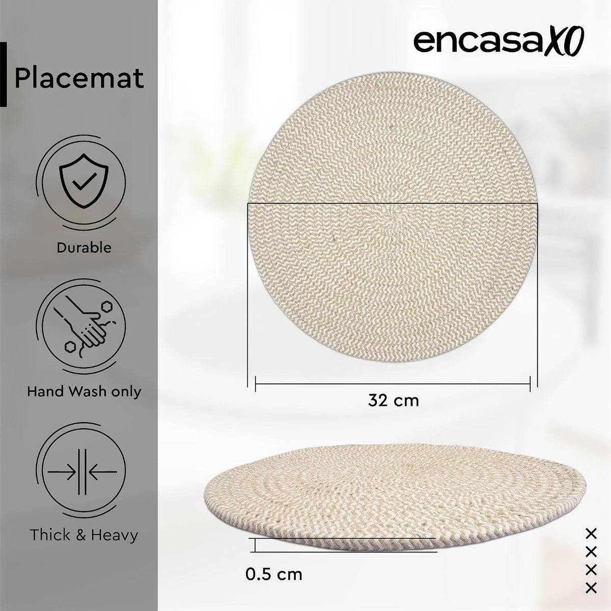 Encasa XO Dining Placemats, Cotton Round Table Mats 13" Beige & Off White Mix