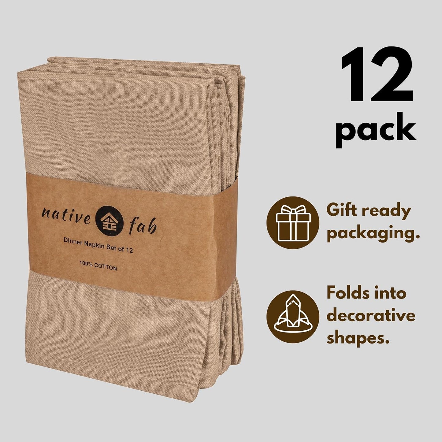 Native Fab Cloth Napkin Set of 12, 100% Cotton, Washable, Reusable Dinner Cloth Napkin 17x17 inches, Table Decor
