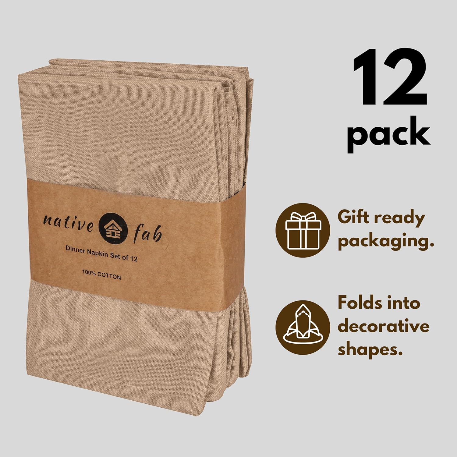 Native Fab Cloth Napkin Set of 12, 100% Cotton, Washable, Reusable Dinner Cloth Napkin 17x17 inches, Table Decor